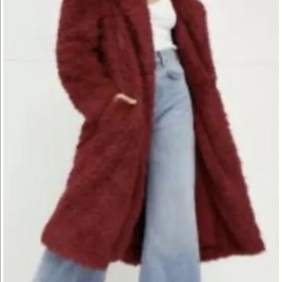 Free People Evys Faux Fur Coat Maxi Teddy Shawl Collar Plush Lined Red - Picture 7 of 7